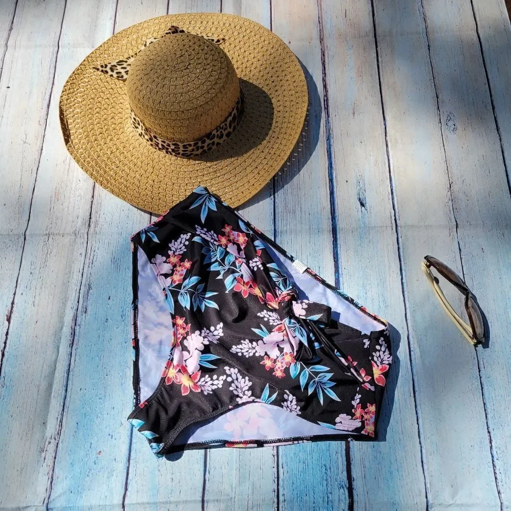 Women's Black Red Botanical Print Swimsuit Bottoms Size 2XL